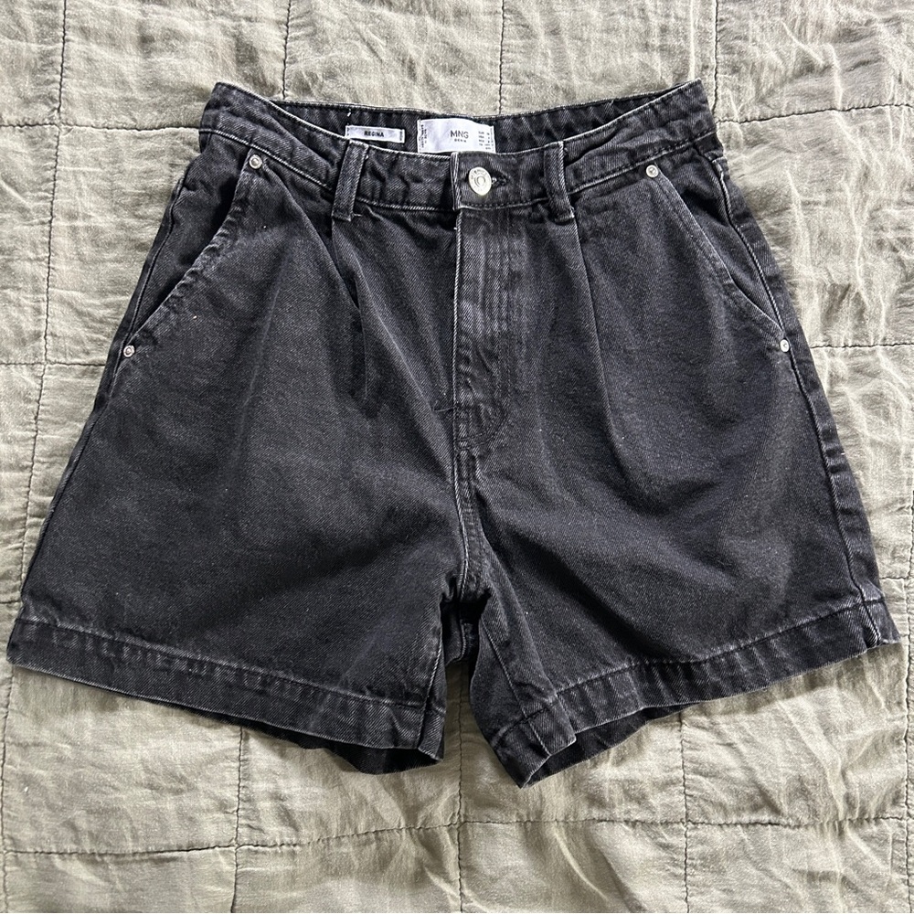 Mango Pleated Black Denim Shorts 100% cotton